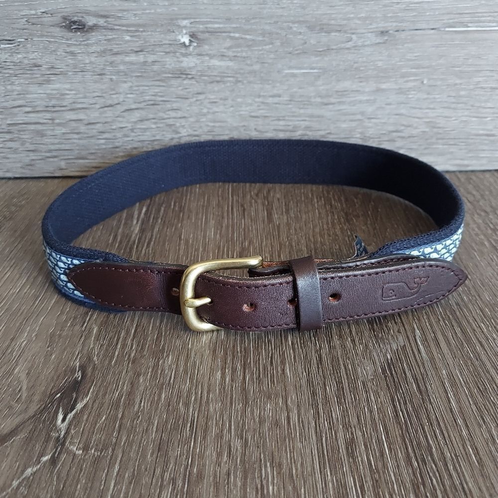 Vineyard Vines Navy Blue Belt Logo Whales Brass Buckle Size 26